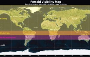 El mapa de la NASA permite apreciar la zona de mejor visibilidad de las Perseidas, una de las lluvias de estrellas más intensas. 
