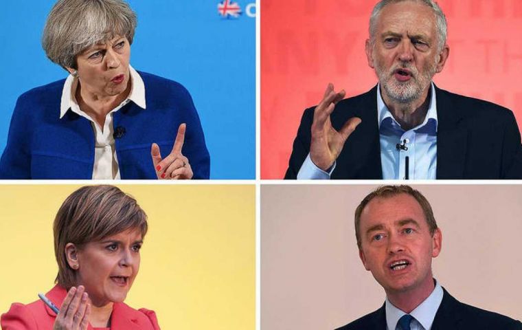 Los partidos son el Conservador de May, el Partido Laborista de Corbyn, el Liberal Demócrata, el Partido para la Independencia del Reino Unido y Los Verdes