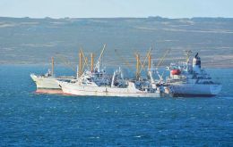 Pesqueros con bandera de Falklands descargando capturas en alta mar 