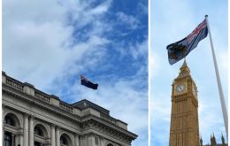 La bandera de Falklands flamea este 14 de agosto desde ambas Cámaras del parlamento británico y del Foreign Office