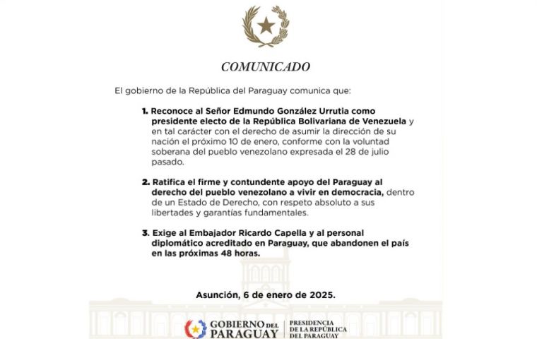 Paraguay dio 48 horas a la misión diplomática de Venezuela para abandonar el país