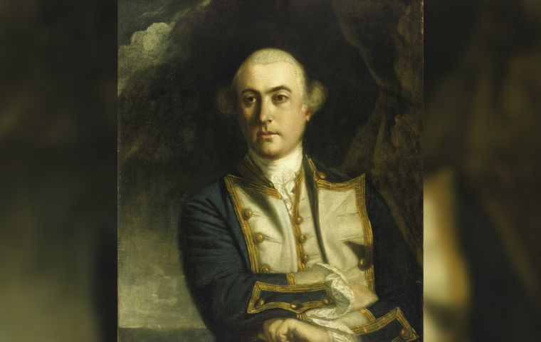 El Comodoro John Byron desmbarco en la isla de Saunders, donde se erigir&iacute;a el asentamiento de Port Egmont