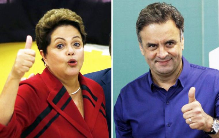 La encuesta señaló que la intención de voto de Rousseff subió 3 puntos respecto a la última encuesta hace una semana, mientras que Neves bajó 2 enteros.