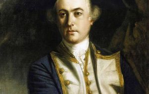 El Comodoro John Byron hizo flamear la bandera del Reino Unido, en Port Egmont en la isla Saunders un 23 de enero de 1765 