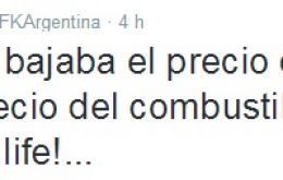 La cuenta oficial de Twitter de la mandataria argentina celebra la baja del precio de la nafta