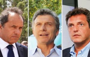Los principales rivales de Scioli, son el conservador Mauricio Macri, actual alcalde de Buenos Aires, y el peronista disidente Sergio Massa
