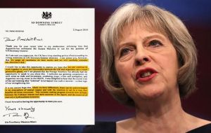 La nueva primera ministra británica, Theresa May, envió a Macri una carta en que expresa, pese a las diferencias, deseos por forjar una relación “más productiva”.