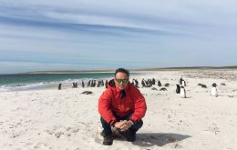 El embajador en Uruguay Ian Duddy durante su estadía en las Falklands aprovechó a visitar algunas de las pingüineras (Foto Twitter)     