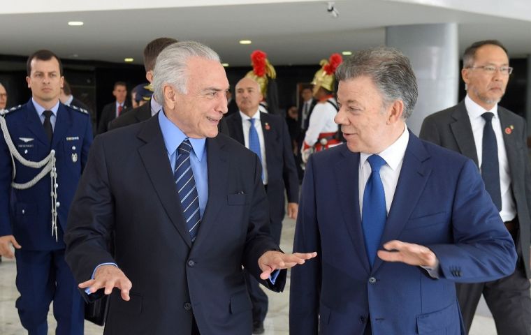 “El presidente Santos y yo naturalmente patrocinaremos con mucho entusiasmo un acuerdo entre el Mercosur y la Alianza del Pacífico”  afirmó Temer