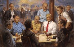 En el cuadro del artista Andy Thomas, Trump aparece tomando una copa junto a otros ex mandatarios republicanos, como Richard Nixon o Teddy Roosevelt. 