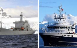 En el polígono del fondo marino, dividido en cuatro ejes actúan el Cabo de Hornos de la Armada de Chile, y HMS Scott de la Royal Navy