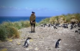 La Princesa Ana rodeada de pingüinos durante una visita a la reserva de Bleaker Island