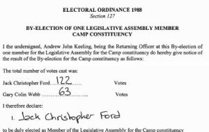 El acta oficial que consagró a Jack Ford como legislador al imponerse por 122 votos a su contrincante, Gary Webb con 63votos   